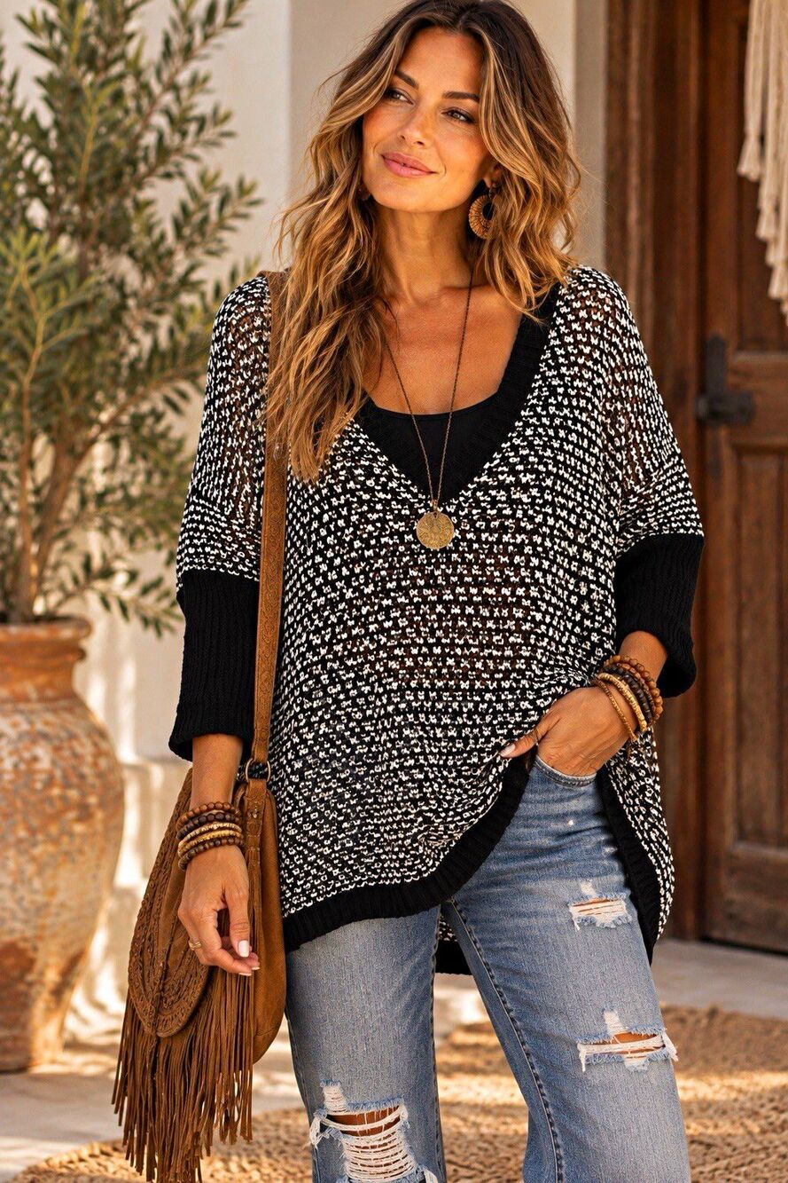 Michelle Nicole Black White Houndstooth Knit V Neck Dolman 3/4 Sleeve S